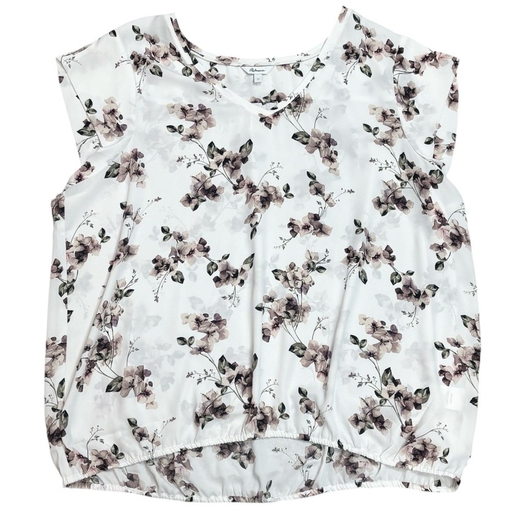 Reitman’s White & Floral Pattern Semi Sheer Elastic Waisted V-Neck Blouse 2X